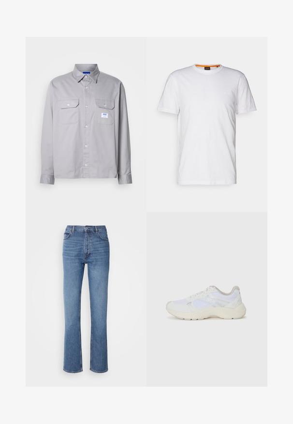 Cămașă gri cu mâneci lungi, fabricată din bumbac, având gulere cu nasturi, două buzunare pe piept și un mic eticheta branduită pe buzunarul din stânga.; Tricou alb din bumbac, cu guler rotund, mâneci scurte și un logo subtil embosat pe piept. Eticheta interioară are un accent portocaliu.; Jeans din denim albastru cu talie înaltă, design cu picior drept și decolorare subtilă. Prezintă un stil clasic cu cinci buzunare și închidere prin fermoar.; Adidași albi, din plasă și piele întoarsă, cu o talpă intermediară texturată, accente texturate și logo-ul "HUGO" pe lateral.