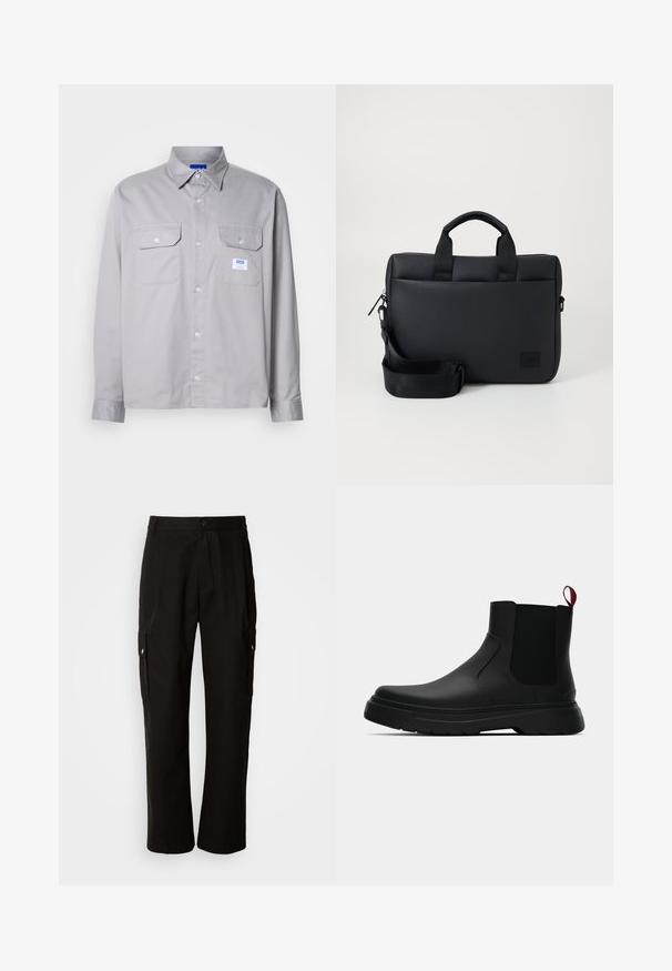 Graues Langarmhemd aus Baumwolle mit einem Button-Down-Kragen, zwei Brusttaschen und einem kleinen Markenlabel auf der linken Tasche.; Schwarze Cargo-Hosen aus Baumwolle mit lockerem Schnitt, seitlichen Taschen, Knopfverschluss und geradem Bein. Einfaches Design ohne Muster.; Schwarze Knöchelstiefel mit glatter Oberfläche, elastischen Seitenpaneelen und einem kontrastierenden roten Zuglasche, ausgestattet mit einer dicken Gummisohle und einer runden Zehenpartie.; Schwarze, strukturierte Laptoptasche mit zwei oberen Griffen, abnehmbarem Schultergurt, Reißverschluss und einem kleinen Logo-Patch zur Markenkennzeichnung.