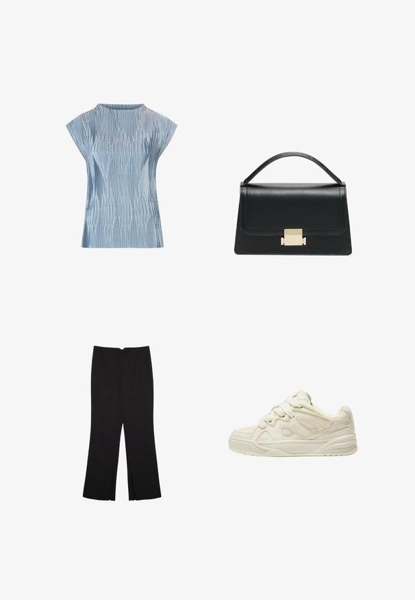Svetlo modra majica z nabrano zasnovo, kratkimi kapicami in okroglim izrezom. Narejena je iz gladkega blaga z teksturiranim zaključkom.; Črne hlače ravnega kroja z naglavnimi žepi in stranskimi razporki na robu. Narejene iz mehke, gladke tkanine. Primerne za različne priložnosti.; Bež tenisice z teksturirano zgornjo površino, izrazitimi vezalkami, mrežastimi paneli in debelim podplatom. Ukrivljena zasnova z oblazinjeno ovratnikom za udobje.; Črna usnjena torbica z strukturiranim dizajnom, zgornjim ročajem in zlate kovinske sponke na sprednji strani. Gladka tekstura, minimalno šivanje.