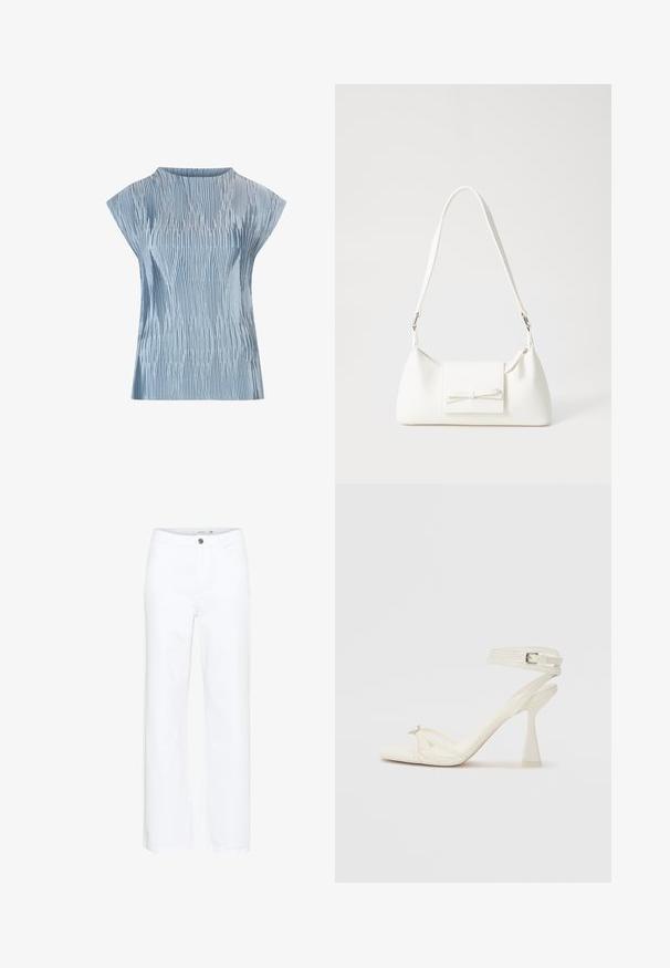 Gaiši zils tops ar krokoto dizainu, īsām kapu piedurknēm un apaļu kakla izgriezumu. Izgatavots no gludas auduma ar teksturētu virsmu.; Baltas platais kāju bikses, izgatavotas no denima. Aprīkotas ar pogu aizdari un tradicionālo piecu kabatu dizainu. Gluda tekstūra ar tīru apdari.; Balti ādas striķu augstpapēžu sandales ar elegantu dizainu, caurspīdīgu blokveida papēdi un dekoratīvu elementu pirksta daļā.; Balta sintētiska soma ar trīsstūrveida formu, plakanu priekšējo vāciņu un loku detaļu, regulējamu siksnu, gludu tekstūru un minimālistisku dizainu.