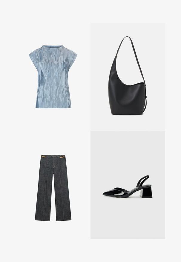 Hellblaues Oberteil mit einem gefältelten Design, kurzen Puffärmeln und einem runden Halsausschnitt. Hergestellt aus glattem Stoff mit einer strukturierten Oberfläche.; Helle Jeans mit weitem Bein und hoher Taille. Mit sichtbaren Nähten, einem Knopfverschluss und einem einzigartigen Kettenakzent an der Taille.; Schwarze Lackleder-Slingback-High Heels mit spitzem Schuh und einem geometrischen Blockabsatz. Verfügt über ein schlankes, minimalistisches Design und eine glatte Textur.; Schwarze Leder-Hobo-Tasche mit einer glatten Textur, geschwungener Form und einem einzelnen verstellbaren Tragegurt; verfügt über eine weite Öffnung am oberen Ende.