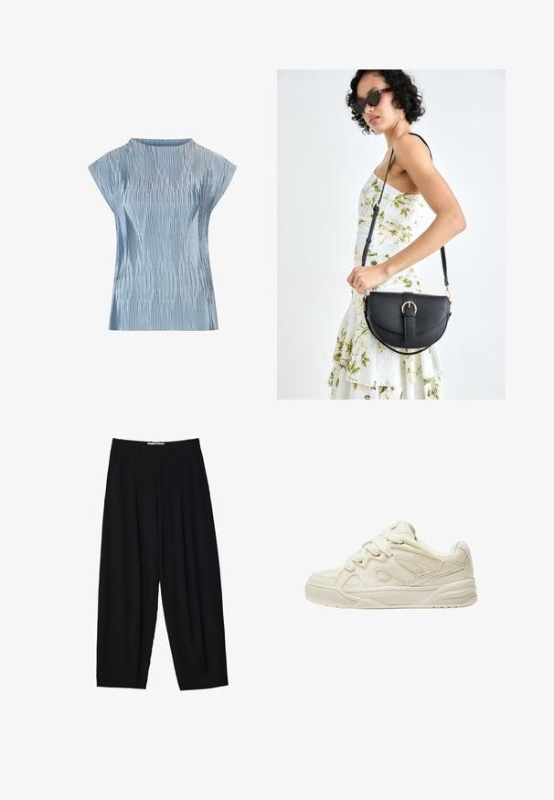 Svijetloplavi top s nabranim dizajnom, kratkim rukavima s kapom i okruglim izrezom. Izrađen od glatkog materijala s teksturiranim finišem.; Crne široke hlače od laganog materijala, s prednjim plitkim nabora, klasičnim pojasom i bočnim džepovima. Glatka tekstura.; Bež tenisice s teksturiranim gornjim dijelom, istaknutim vezicama, mrežastim panelima i debelim potplatom. Zakrivljeni dizajn s podstavljenim izrezom za udobnost.; Crna kožna torba s lukovitim oblikom, odvojivim remenom i zlatnim detaljima. Torba ima preklop s kopčom.