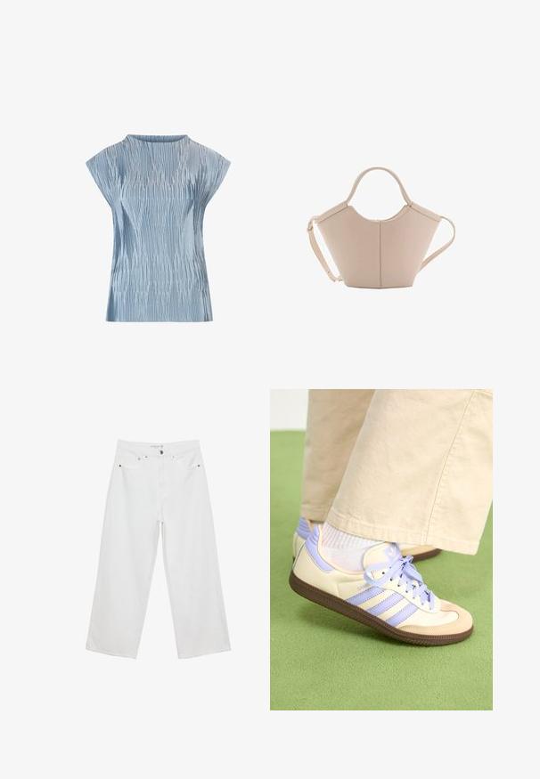 Hellblaues Oberteil mit einem gefältelten Design, kurzen Puffärmeln und einem runden Halsausschnitt. Hergestellt aus glattem Stoff mit einer strukturierten Oberfläche.; Weiße Jeans im weit geschnittenen Design aus Denim mit hoher Taille, ausgestattet mit fünf Taschen und Metallbeschlägen. Glatte Textur, keine sichtbaren Muster.; Cremefarbene und lavendelfarbene Sneakers mit drei Streifen und einer strukturierten braunen Sohle, ausgestattet mit Schnürsenkeln und einer gepolsterten Ferse. Obermaterial aus weichem Stoff.; Beige Lederhandtasche mit einer einzigartigen Form, die zwei kurze Henkel und einen langen verstellbaren Riemen aufweist. Glatte Textur mit minimalen Hardware-Elementen.