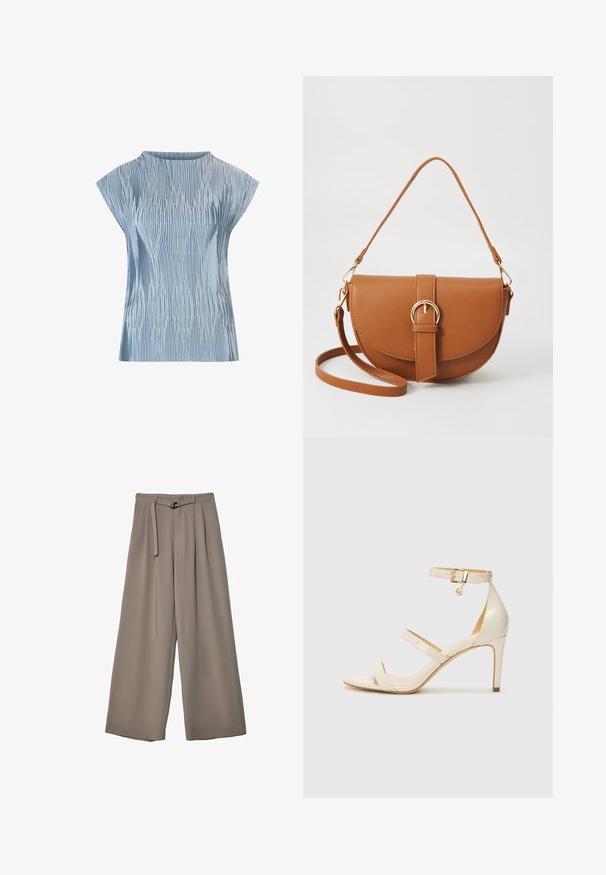 Jasnoniebieska bluzka z plisowanym wzorem, krótkimi rękawkami typu cap oraz okrągłym dekoltem. Wykonana z gładkiego materiału o teksturowanym wykończeniu.; Spodnie o szerokich nogawkach w miękkim, stonowanym szarym materiale, z paskiem w talii i plisami dla dodania detali projektowych. Gładka tekstura, bez wzorów.; Beżowe sandały na obcasie z cienkim paskiem na kostce i dwoma górnymi paskami. Błyszczące lakierowane wykończenie i złote detale na pasku na kostce.; Brązowa skórzana torba na ramię o zaokrąglonym kształcie, ze złotymi akcentami i zapięciem w formie klamry. Posiada odpinany pasek na ramię.; Srebrne kolczyki w kształcie kółek o gładkim, zakrzywionym kształcie i teksturowanej powierzchni, z sztyftem do zapięcia.