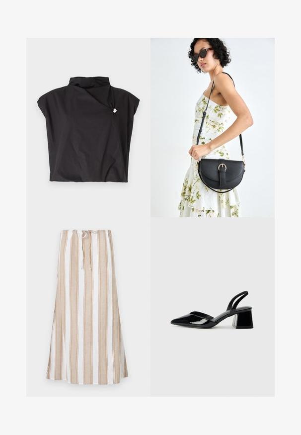 Fekete, rövid ujjú felső magas gallérral, aszimmetrikus dizájnnal és ezüstszínű kiegészítővel díszített oldalsó záródással. Könnyű, texturált anyag.; Csíkos szoknya fehér és világosbarna színekben, húzózsinóros derékkal és hosszú, bájos ráncolással. Könnyű anyagból készült, laza szabással.; Fekete lakk bőr szandálkés magas sarkú cipő, hegyes orral és geometrikus tömbsarkakkal. Karcsú, minimalista dizájn és sima textúra jellemzi.; Fekete bőrtáska ívelt formával, levehető pánttal és arany színű fémrészekkel. A táskán egy csattal díszített fedél található.
