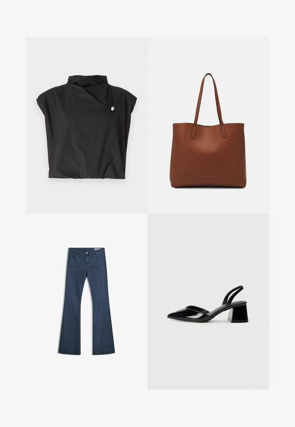 Sort kortærmet top med høj krave, asymmetrisk design og en sidelukning prydet med en sølvaccent. Let, tekstureret stof.; Mørkeblå, udvidede denimjeans med syede lommer, knaplukning og en glat tekstur. Har et klassisk fem-lommemønster.; Sorte patentlæder slingback hæle med spids tå og en geometrisk blok hæl. Har et elegant, minimalistisk design og en glat tekstur.; Brun læder tote taske med en glat overflade, åben topdesign og to skulderremme. Har minimal syning og ingen synlig hardware.