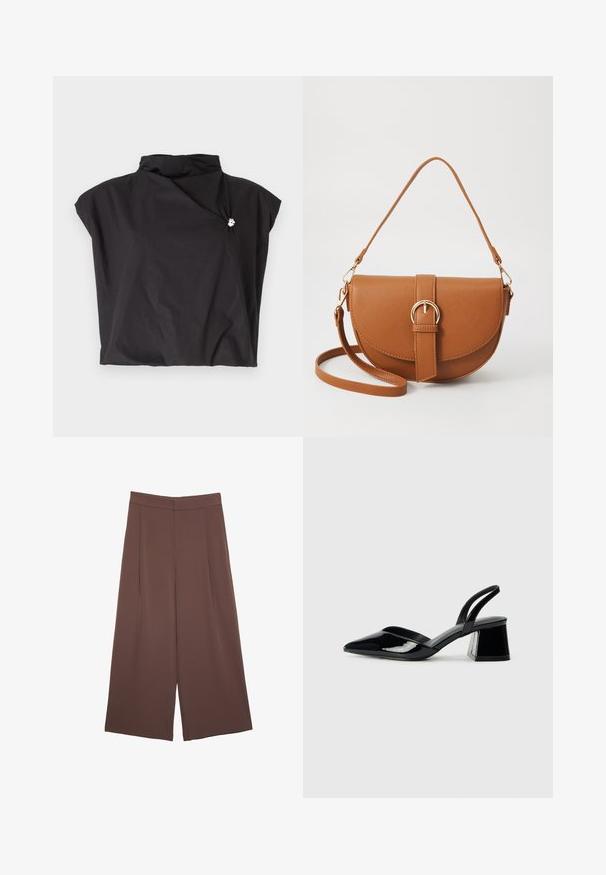 Top nero a maniche corte con colletto alto, design asimmetrico e chiusura laterale adornata con un accento argentato. Tessuto leggero e texturizzato.; Pantaloni ampi marroni con una texture liscia, caratterizzati da una vita alta e pieghe frontali. Il tessuto è leggero e scorre liberamente.; Décolleté in vernice nera con punta affusolata e tacco in geometria cubica. Presentano un design elegante e minimalista, con una texture liscia.; Borsa a tracolla in pelle marrone con forma curvata, hardware dorato e un dettaglio con fibbia. Presenta una tracolla rimovibile.