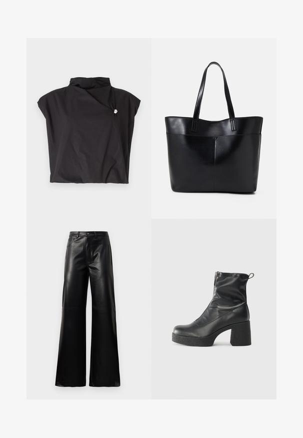 Fekete, rövid ujjú felső magas gallérral, aszimmetrikus dizájnnal és ezüstszínű kiegészítővel díszített oldalsó záródással. Könnyű, texturált anyag.; Fekete, magas derekú, széles lábú, műbőr nadrág elülső gombbal, cipzárral, övbújtatókkal és oldalsó zsebekkel, fehér háttérrel.; Fekete bokacsizmák sima bőrből, oldalsó cipzárral, vastag, texturált sarkú és lekerekített orrú dizájnnal.; Fekete bőr bevásárlótáska két hosszú fogantyúval, sima felülettel és strukturált formával. Elülső zseb található rajta a plusz tárolás érdekében.