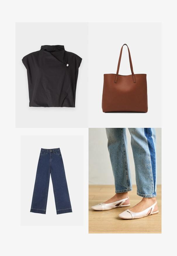 Schwarzes kurzärmliges Oberteil mit hohem Kragen, asymmetrischem Design und seitlichem Verschluss, der mit einem silbernen Akzent verziert ist. Leichter, strukturierten Stoff.; Weite Jeans in dunkelblauem Denim. Verfügt über fünf Taschen, Gürtelschlaufen und einen rohen Saum am unteren Ende mit sichtbaren Nahtdetails.; Blassrosa Slingback-Ballerinas mit spitzem Punkt, aus einem glatten, lederähnlichen Material. Mit Ausschnitten an den Seiten und einem flachen Absatz.; Braune Leder-Tote mit glatter Textur, offenem Oberteil und zwei Schulterriemen. Verfügt über minimale Nähte und keine sichtbaren Beschläge.