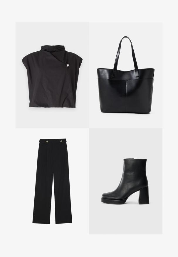 Black short-sleeve top with a high collar, asymmetrical design, and a side fastening adorned with a silver accent. Lightweight, textured fabric.; Black wide-leg trousers with high waist, button details on waistband, and front pleats.; Black leather ankle boot with a block heel and platform sole, viewed from the side on a plain white background.; Black leather tote bag with two long handles, a smooth texture, and a structured shape. Features a front pocket for additional storage.