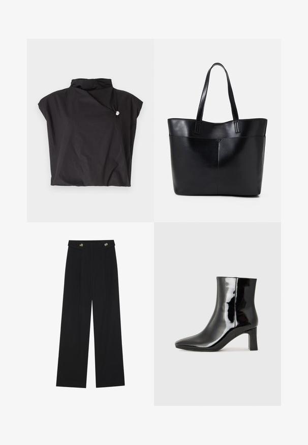 Black short-sleeve top with a high collar, asymmetrical design, and a side fastening adorned with a silver accent. Lightweight, textured fabric.; Black wide-leg trousers with high waist, button details on waistband, and front pleats.; Black patent leather ankle boot with a pointed toe and a mid-height block heel. Smooth texture and minimalist design.; Black leather tote bag with two long handles, a smooth texture, and a structured shape. Features a front pocket for additional storage.