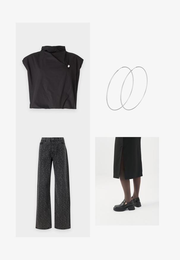 Sort kortærmet top med høj krave, asymmetrisk design og en sidelukning prydet med en sølvaccent. Let, tekstureret stof.; Noisy May NMJANNEL LOOSE - Jeans Relaxed Fit - black denim; Sorte lædersko med rund tå, kraftig blokhæl og elastiske sideaccentuer, parret med mørke strømpebukser og en sort nederdel med slids.; Sølvøreringe med et minimalistisk design. Cirkulær form, glat tekstur og tynd profil. Letvægtige med en poleret overflade.