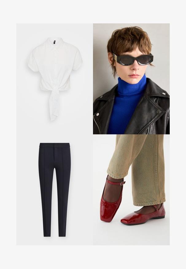 White cropped shirt with short sleeves, button-front, and a tied knot at the waist. Made from a smooth, lightweight fabric.; Navy blue tailored pants made of smooth fabric, featuring a fitted silhouette, front pleats, and a concealed zip fly with button closure.; Red patent leather shoes with a square toe, low heel, and ankle strap, paired with light green wide-leg jeans. Smooth texture, reflective surface.; Black sunglasses with rounded edges and tinted lenses. Features gold accent hardware on the temples. Worn with a blue ribbed turtleneck and leather jacket.
