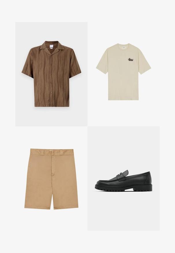 Hnedá košeľa s krátkym rukávom s jemnou prúžkovanou textúrou, zapínanie na gombíky vpredu a klasický golier. Ľahký materiál.; Bežové bavlnené tričko s krátkym rukávom, okrúhlym výstrihom a čiernym grafickým potlačou s nápisom "RÍM" na prednej strane.; Khaki kraťasy s plochým pásom, zipsom vpredu a postrannými vreckami; vyrobené z hladkej, ľahkej tkaniny s jemnou textúrou.; Čierne kožené mokasíny s okrúhlou špičkou, s prešitým dizajnom, nízkou platformou a textúrovanou, zúbkovanou gumovou podrážkou.