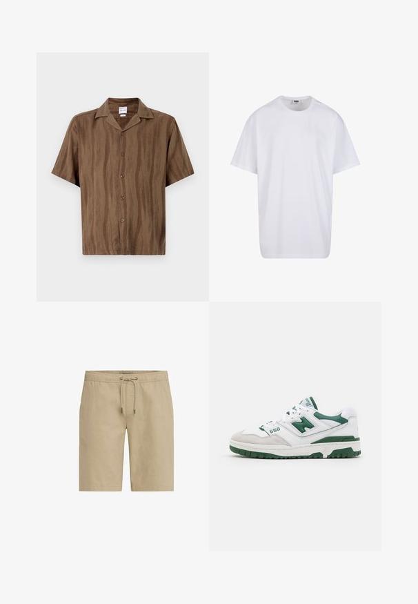 Chemise brune à manches courtes avec une texture à rayures subtiles, fermeture à boutons à l'avant et col classique. Tissu léger.; T-shirt en coton blanc avec des manches courtes, un col rond, une coupe décontractée et sans logos ni motifs visibles. Texture lisse et design minimaliste.; Shorts beiges en tissu doux, dotés d'une taille élastique avec cordon de serrage et de poches latérales, conçus avec une coupe droite.; Baskets blanches avec accents verts, en cuir texturé et suède, détails perforés, col rembourré et semelle en caoutchouc. Numéro de modèle 550.