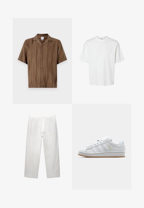 Camicetta corta marrone a maniche corte con una sottile trama a righe, chiusura frontale a bottoni e colletto classico. Tessuto leggero.; T-shirt bianco in cotone con maniche corte, scollo rotondo e vestibilità rilassata. Texture liscia senza pattern o dettagli visibili.; Pantaloni bianchi in lino con cintura elastica e cordoncino, design a gamba ampia e cuciture pulite. Texture liscia con vestibilità casual.; Sneaker bianca con design a tre strisce perforate, dettagli testurizzati, suola in gomma e logo "CAMPUS" in oro sul lato.