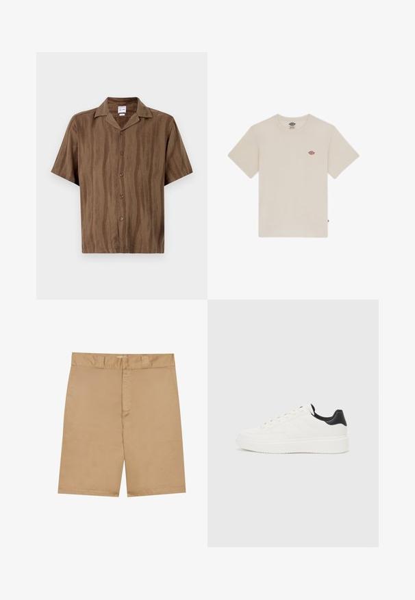 Prune lühikeste varrukatega särk, millel on peene triibuline tekstuur, nupulukk ja klassikaline krae. Kerge kangas.; Kreemivärvi puuvillane T-särk, lühikeste varrukatega, ümar kaelus ja väike mitmevärviline tikand logo rinnal.; Khaki lühikesed püksid lamedate vöökohtadega, lukuga ees ja küljetaskutega; valmistatud sileda, kerge kangaga, millel on peen tekstuur.; Valge nahast sneaker, millel on reljeefne muster, tekstureeritud valge vaheline tall ja must kannaaktsent. Omab ümarat nina ja lamedat paelavarrast.