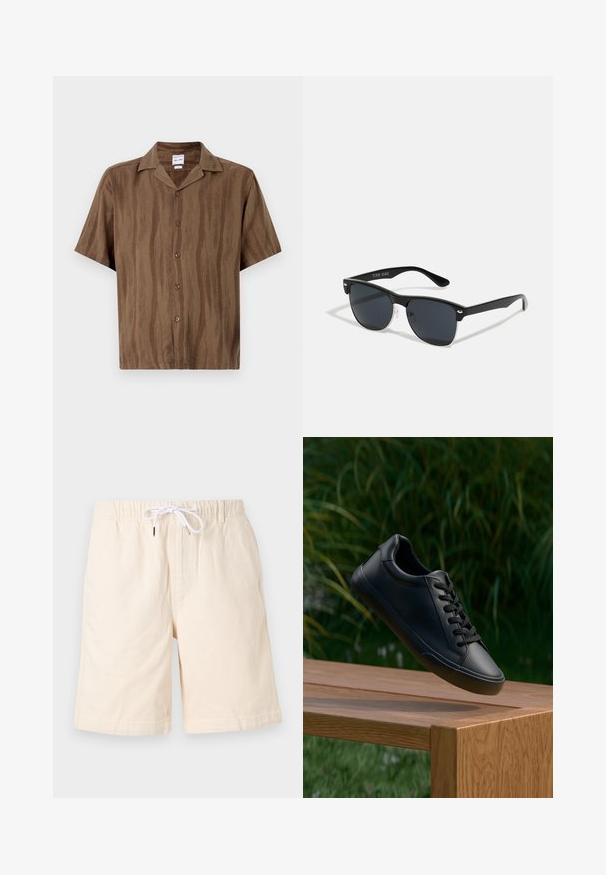 Ruda trumpų rankovių marškinėliai su subtiliu dryžuotu raštu, priekyje užtraukiami mygtukais ir su klasikiniais kraštais. Lengvas audinys.; Šviesiai rudos medvilnės šortai su laisvu siluetu, elastingu juosmeniu ir balta virvute. Yra šoninės kišenės ir švelni tekstūra.; Juodos odinės sportbačių su lygiu paviršiumi, apvaliu pirštu ir plokščiomis raišteliais, padėti ant medinės paviršiaus su žaliais žolės fono.; Juodos saulės akinių su stačiakampiu rėmeliu, tamsiais lęšiais, sidabrinėmis detalėmis šventrajose ir matinio paviršiaus rėmeliu.