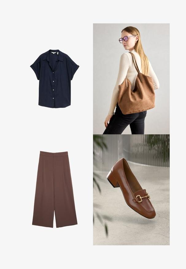 Granatowa koszula na krótki rękaw z guzikami, wykonana z lekkiego materiału o luźnym kroju, z klasycznym kołnierzykiem i białymi guzikami.; Brązowe spodnie o szerokich nogawkach z gładką fakturą, z wysokim stanem i plisami z przodu. Materiał jest lekki i luźno opada.; Brązowe lakierowane mokasyny z kwadratowym noskiem, metalowym łańcuszkiem i niskim blokowym obcasem; gładka faktura, minimalistyczny design.; Brązowa torebka typu tote wykonana z zamszu o miękkiej teksturze, z dużym otwarciem i długimi paskami. Charakteryzuje się prostym designem z widocznymi szwami i bez elementów metalowych.
