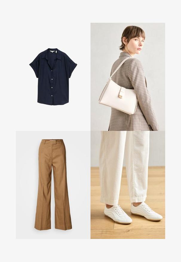 Camisa de botones de manga corta en azul marino, fabricada en tejido ligero con un corte relajado, que presenta un cuello clásico y botones blancos.; Pantalones de pierna ancha marrones, confeccionados en una tela ligera. Cuentan con un frente plano, pasadores para cinturón y una silueta ajustada con un corte a la altura del tobillo.; Zapatillas deportivas blancas con una textura de cuero suave, sistema de cordones y un diseño contorneado. Llevadas con pantalones de pana de color beige claro.; Bolso de mano de cuero blanco con un diseño estructurado, que presenta un cierre magnético y una correa para el hombro, exhibido sobre un fondo neutro.