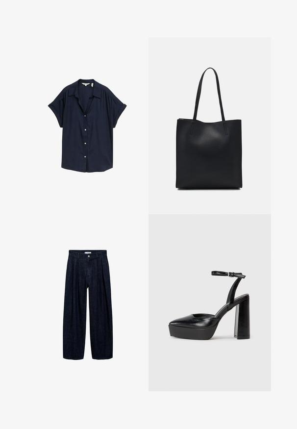 Camicia button-up a manica corta blu navy in tessuto leggero con vestibilità rilassata, caratterizzata da un colletto classico e bottoni bianchi.; Pantaloni wide-leg in denim scuro con pieghe in vita, dotati di un bottone frontale e passanti per cintura. Texture liscia e design a lunghezza completa.; Tacchi a piattaforma neri con punta appuntita e cinturino regolabile alla caviglia. Realizzati in pelle liscia, presentano un tacco a blocco spesso.; Borsa tote in pelle nera con texture liscia, forma rettangolare e due manici lunghi. Nessun hardware o decorazione visibile.
