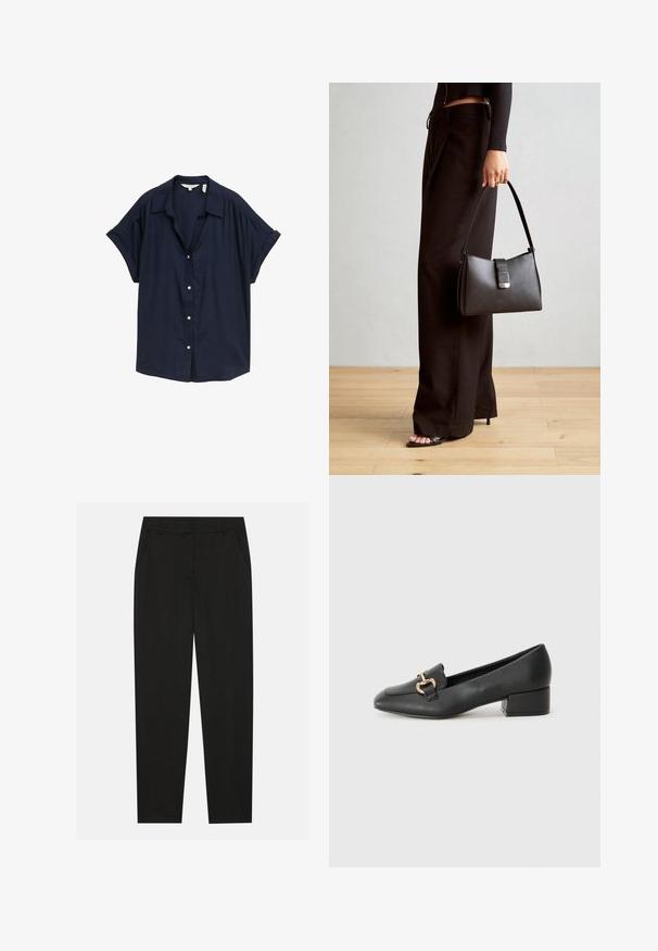 Tummansininen lyhythihainen nappipaitapusero kevyestä kankaasta, jossa on rento istuvuus, klassinen kaulus ja valkoiset napit.; Musta housut, joissa on räätälöity muotoilu, sivutaskut ja suora lahje. Valmistettu sileästä, kevyestä kankaasta, jossa on tyylikkäät pinnat.; Musta nahkainen loaferit matalalla korolla, joissa on koristeellinen kultainen yksityiskohta edessä ja sileä pinta.; Musta käsilaukku, jossa on rakenteellinen muoto, sileä pinta ja metallinen solki. Yhdistetty leveisiin mustiin housuihin ja avonaiheisiin sandaaleihin puulattialla.