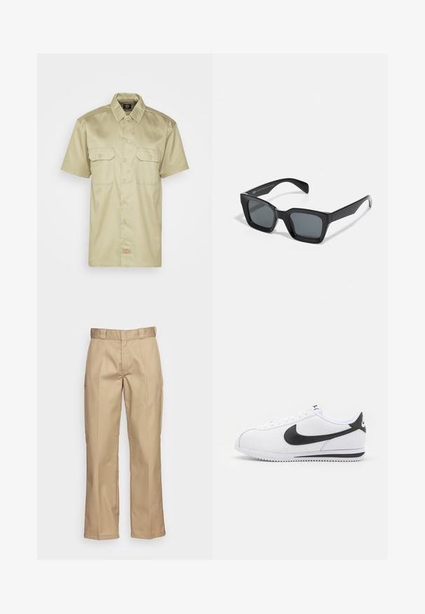 Kratke rokave, kaki srajca s gumbi in ovratnikom, dvema prsnih žepoma ter majhnim vezenim logotipom na robu. Gladka tekstura tkanine.; Kaki hlače s ravnim krojem, narejene iz trpežnega blaga, z gladko teksturo in dvojno pregibno sprednjo stranjo za dodatne detajle.; Bele športne copate iz belega usnja z črnimi Nike swoosh, ravnimi vezalkami in teksturiranim gumijastim podplatom. Okrogla konica in oblazinjen ovratnik za udobje.; Črne pravokotne sončna očala s temnimi lečami. Plastičen okvir z sijajno površino, širokim mostom in rahlo zoženimi ročaji.