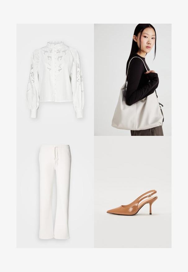 YAS YASZIMLA - Overhemdblouse - star white; Witte, relaxed-fit joggingbroek van zachte stof, met een elastische tailleband en een trekkoord, en een rechte pijp.; Puntige slingback hak in een glad, glanzend beige materiaal. Bevat een gebogen uitsnijdontwerp en een slanke stiletto hak. Zilveren gesp detail.; Beige handtas gemaakt van zacht materiaal, met een slonzig ontwerp, gestikte details en twee schouderbanden. Geschikt voor dagelijks gebruik.
