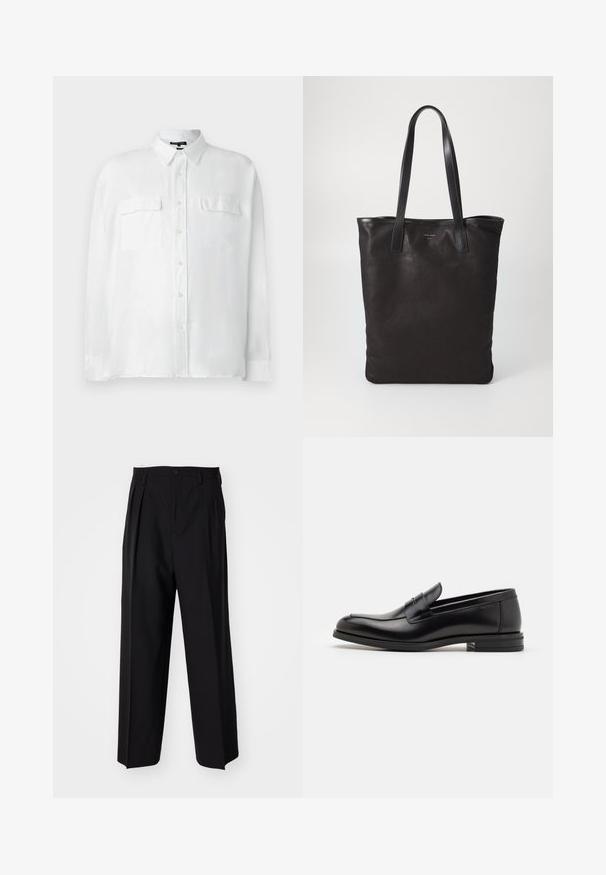 Witte linnen blouse met een kraag, knopen aan de voorkant en twee borstzakken. Heeft lange mouwen en een comfortabele pasvorm. Soepele textuur.; Zwarte geplooide broeken met een rechte, brede pijpontwerp. Gemaakt van soepele stof, met een knoopsluiting en riemlussen.; Zwarte leren instappers met een gladde textuur, ronde neus en een decoratieve band over de wreef. Lage, gestapelde hak en minimalistisch ontwerp.; Zwarte canvas schoudertas met zwarte leren handvaten. Eenvoudig ontwerp, ruime body en een gladde textuur. Geen zichtbare logo's of patronen.