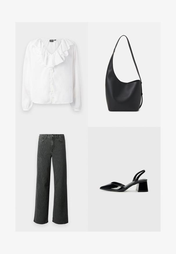 Bela bluzica z dolgimi rokavi in V-izrezom, z nabranim sprednjim delom, bisernimi gumbi in sproščenim krojem, izdelana iz lahkotnega materiala.; Široke hlače iz temnega sivega denima, z diskretno teksturo zebri, kontrastnim šivanjem in petimi žepi ter z gumbom za zapiranje.; Črne lakirane slingback pete s koničastim nosom in geometrijsko blokasto peto. Imajo eleganten, minimalističen dizajn in gladko teksturo.; Črna usnjena hobo torba z gladko teksturo, ukrivljeno obliko in eno nastavljivo naramnico; ima širok odprtina na vrhu.
