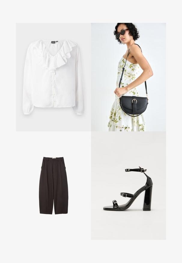 White long-sleeve blouse with a V-neck, featuring a ruffled front, pearl buttons, and a relaxed fit made from lightweight fabric.; Black wide-leg trousers made from a smooth fabric, featuring a high waist, front pleats, and side pockets. Simple design without embellishments.; Black patent heeled sandals with a square toe, ankle straps, and silver buckles. Features a chunky block heel for stability.; Black leather handbag with a curved shape, detachable strap, and gold hardware. The bag features a flap with a buckle detail.