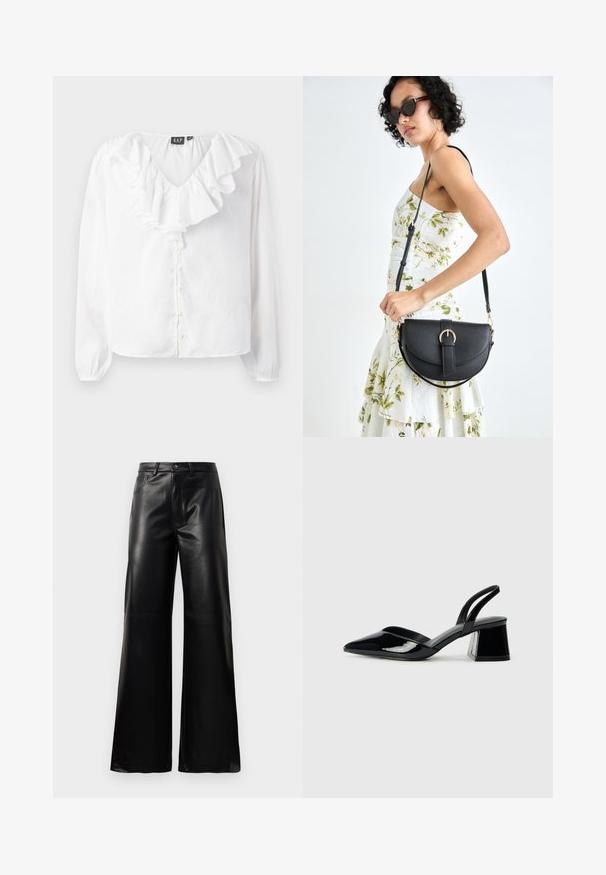 White long-sleeve blouse with a V-neck, featuring a ruffled front, pearl buttons, and a relaxed fit made from lightweight fabric.; Black high-waist wide-leg faux leather pants with front button, zip closure, belt loops, and side pockets on white background.; Black patent leather slingback heels with a pointed toe and a geometric block heel. Features a sleek, minimal design and smooth texture.; Black leather handbag with a curved shape, detachable strap, and gold hardware. The bag features a flap with a buckle detail.
