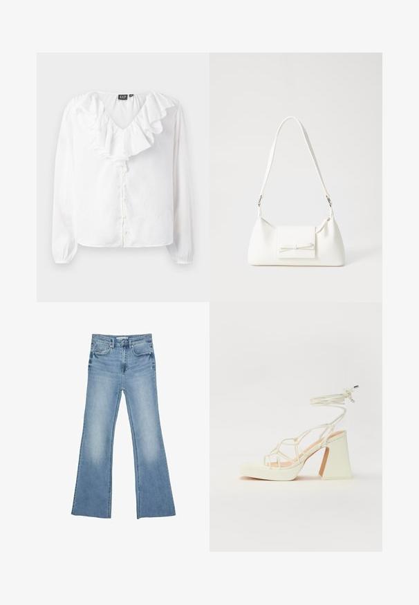 White long-sleeve blouse with a V-neck, featuring a ruffled front, pearl buttons, and a relaxed fit made from lightweight fabric.; Light blue flared jeans made of denim, featuring a classic five-pocket design and a zip fly with a button closure.; White high-heeled sandal with a chunky heel, featuring a strappy design and ankle tie. Smooth texture with a platform front for added height.; White synthetic handbag with a triangular shape, flat front flap and bow detail, adjustable strap, smooth texture, and minimalistic design.