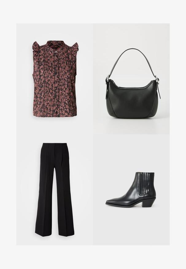 Czarna bluzka bez rękawów z falbaniastymi akcentami na ramionach, zdobiona czerwonymi wzorami kwiatowymi i pionowymi plisami, z guzikowym zapięciem z przodu.; Czarne spodnie wykonane z gładkiej tkaniny, z wysokim stanem, szerokimi nogawkami oraz dwoma frontowymi zakładkami dla dodatkowego efektu wizualnego.; Czarne skórzane botki za kostkę z wysmuklonym noskiem, elastycznymi bocznymi panelami z pionowymi rowkami oraz niskim blokowym obcasem. Gładka tekstura i elegancki design.; Czarna skórzana torebka o zaokrąglonym kształcie, z srebrnym zamkiem błyskawicznym i krótkim uchwytem. Posiada subtelne logo z przodu i gładką teksturę.