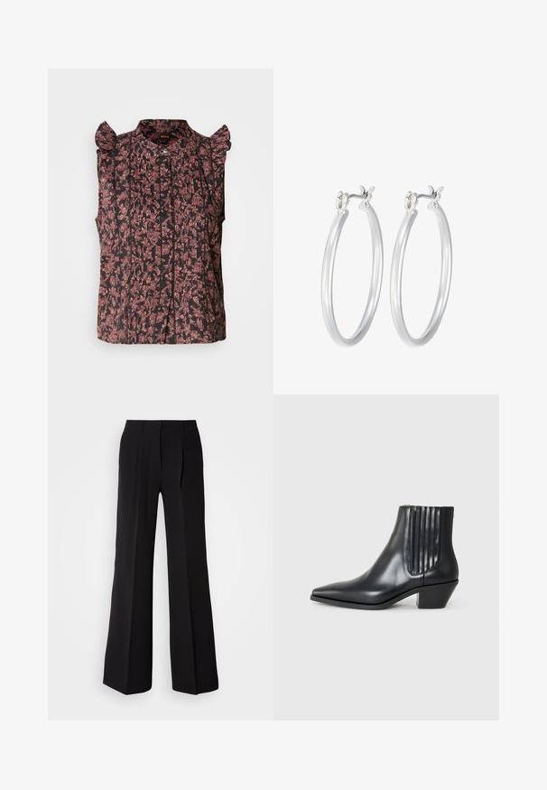 Schwarze ärmellose Bluse mit Rüschenschultern, verziert mit roten Blumenmustern und vertikalen Falten, mit einer durchgeknöpften Vorderseite.; Schwarze Hose aus glattem Stoff, mit hohem Bund, weitem Schnitt und zwei vorderen Falten für zusätzlichen Designakzent.; Schwarze Leder-Ankle-Boots mit spitzem Zehenbereich, seitlichen elastischen Einsätzen mit vertikalen Rillen und einem niedrigen Blockabsatz. Glatte Textur und elegantes Design.; Silberne Creolen mit einer glatten, polierten Oberfläche. Runder Form und sicherem Klickverschluss. Leichtes Design, geeignet für den täglichen Gebrauch.
