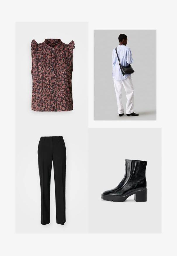 Schwarze ärmellose Bluse mit Rüschenschultern, verziert mit roten Blumenmustern und vertikalen Falten, mit einer durchgeknöpften Vorderseite.; Schwarze, taillierte Hose mit geradem Bein, aus einem glatten Stoff und mit klaren Falten an der Vorderseite. Keine sichtbare Hardware.; Schwarze Lackleder-Stiefeletten mit einer geschwungenen Zehenpartie, elastischen Seiteneinsätzen und einem klobigen Blockabsatz. Mit geprägtem Logo auf der Rückseite.; Schwarze Leder-Umhängetasche mit weicher Textur, dreieckiger Form und verstellbarem Tragegurt, kombiniert mit einem hellblauen gestreiften Hemd und weißen Hosen.