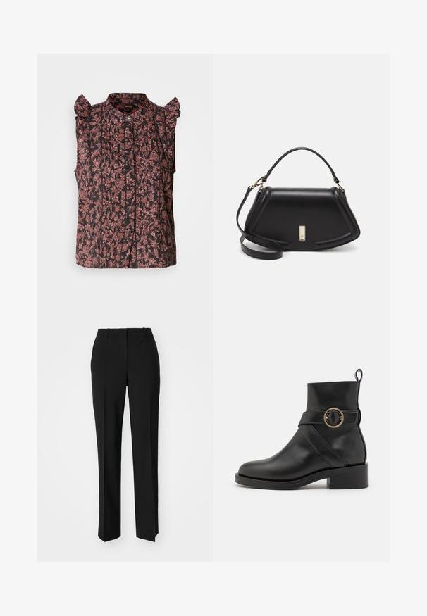 Black sleeveless blouse with ruffled shoulder accents, detailed with red floral patterns and vertical pleats, featuring a buttoned front.; Black tailored trousers with a straight-leg design, featuring a smooth texture and crisp creases along the front. No visible hardware.; BOSS IRYNA BOOTIE - Platform ankle boots - black; Black leather handbag with a structured design, featuring a cropped shape, top handle, and gold hardware accent. Adjustable shoulder strap included.