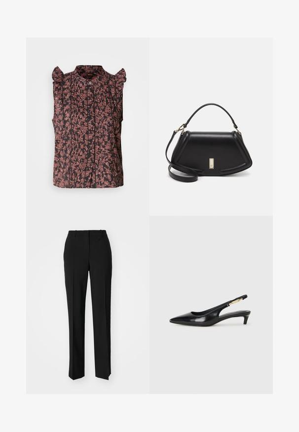 Fekete ujjatlan blúz fodros válldísszel, piros virágmintákkal és függőleges redőkkel díszítve, gombos elülső résszel.; Fekete, testhezálló nadrág egyenes szárú kivitelben, sima textúrával és éles redőkkel az elején. Nincs látható fémalkatrész.; Fekete bőr slingback magassarkúk, hegyes orral, vékony sarkakkal és arany színű részlettel a állítható pánton. Simа felület.; Fekete bőr kézitáska, strukturált dizájnnal, rövidített formával, felső fogantyúval és arany színű kiegészítőkkel. Állítható vállpánt is tartozik hozzá.