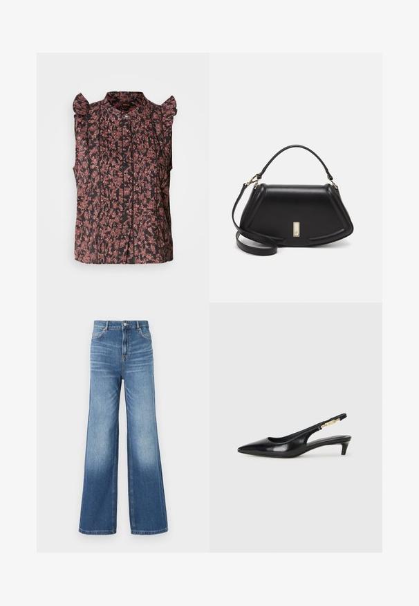 Svart ärmlös blus med rynkade axelaccenter, detaljerad med röda blommönster och vertikala veck, med knappstängning fram.; Ljusblå denimbyxor med vida ben och hög midja, som har fem fickor, bälteshällor och en subtil blekning mot fållen.; Svart läder slingback-hälar med spetsig tå, med en smal klack och en guldtonad detalj på den justerbara remmen. Slät textur.; Svart läderhandväska med en strukturerad design, som har en avskuren form, ett handtag upptill och guldiga detaljer. Justerbar axelrem ingår.