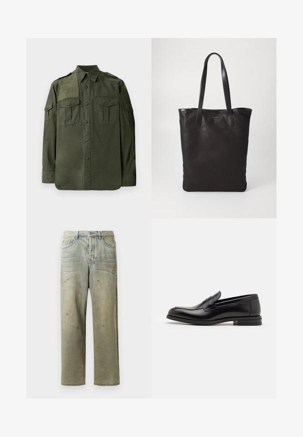 Oliven grøn, langærmet skjorte lavet af bomuld. Har en knaplukning foran, to brystlommer og skulderepauleter. Glat tekstur.; Slidte denimjeans i lysegrøn med lige ben, femlommerdesign og ujævn falming med malersplatter.; Sorte læderloafers med en glat overflade, rund tå og en dekorativ strop over vampen. Lav hæl med stabeldesign, minimalistisk stil.; Sort lærred tote taske med sorte læderhåndtag. Simpelt design, rummelig krop og en glat overflade. Ingen synlige logoer eller mønstre.