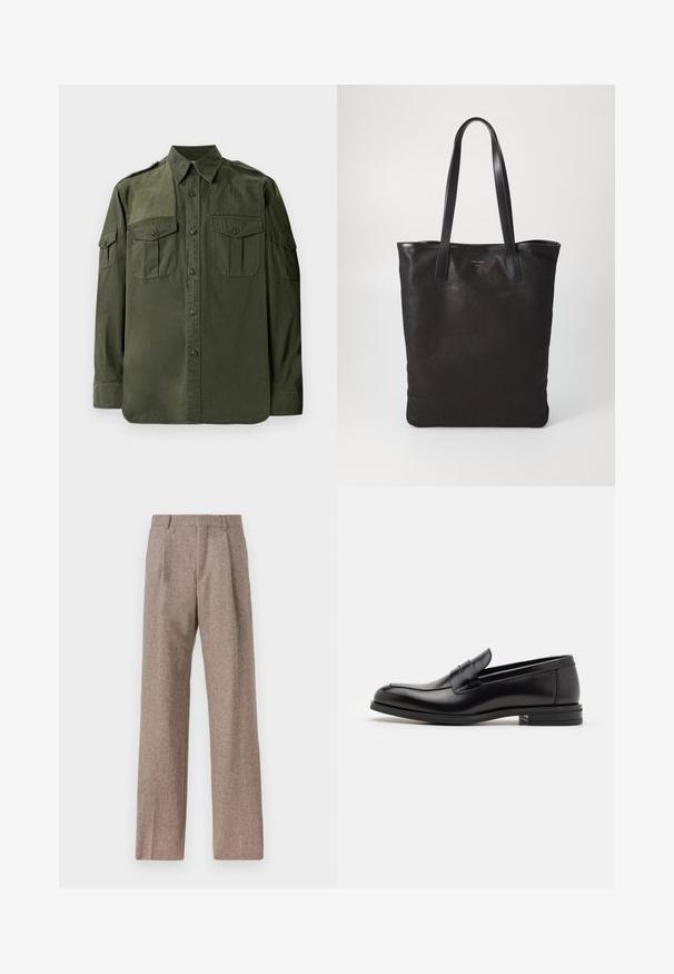 Camisa de manga larga color verde oliva, fabricada en algodón. Presenta un cierre frontal con botones, dos bolsillos en el pecho y epaulettes en los hombros. Textura suave.; Pantalones marrones de cintura alta hechos de una tela texturizada. Presentan piernas anchas y dos pliegues frontales para dar estructura. Acabado limpio sin hardware visible.; Mocasines de cuero negro con una textura suave, puntera redondeada y una tira decorativa en el empeine. Tacón bajo apilado, diseño minimalista.; Bolsa tote de lona negra con asas de cuero negro. Diseño sencillo, cuerpo espacioso y textura suave. Sin logos ni patrones visibles.
