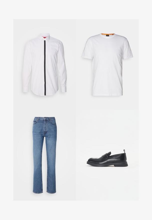 Bela srajca z dolgimi rokavi z navpično črno črto spredaj, ki ima ovratnik na gumb in gladko teksturo.; Bela bombažna majica s kratkimi rokavi in okroglim izrezom, z diskretnim reliefnim logotipom na prsih. Notranja oznaka ima oranžni akcent.; Modre kavbojke z visokim pasom, ravno krojenjem in rahlim bledenjem. Imajo klasičen pet-pocket stil in zapiranje na zadrgo.; Črne usnjene loafersice z zaobljenim nosom, sprednjim pasom in nizkim gumijastim podplatom. Imajo subtilno šivanje in zadnji trak za omogočanje obuvanja.