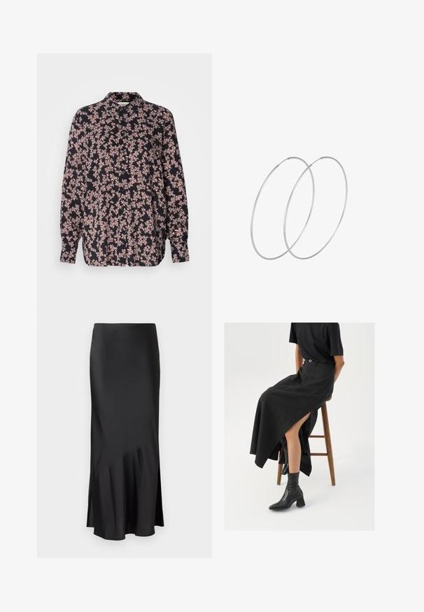 Lange mouwen shirt met een zwarte basis en een bloemenpatroon in het roze. Knopsluiting aan de voorkant, ontspannen pasvorm en zachte stoftextuur.; Zwarte satijnen midi-rok met een strakke ontwerp, met een lichte flair aan de zoom en een zijsplit voor gemakkelijke beweging. Glad textuur.; Zwarte linnen maxi rok met een hoge split, gedragen met een zwart T-shirt en zwarte enkellaarsjes. Minimalistisch ontwerp met een relaxte pasvorm.; Zilveren hoepel oorbellen met een minimalistisch ontwerp. Cirkelvormig, gladde textuur en dun profiel. Lichtgewicht met een gepolijste afwerking.