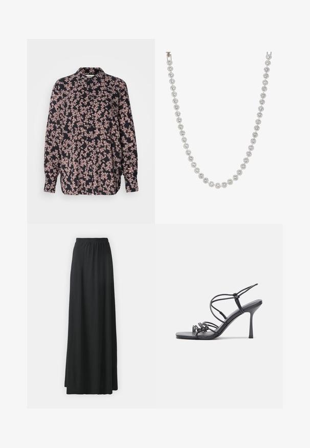 Ilgų rankovių marškiniai su juodu pagrindu, papuošti rožinės spalvos gėlių raštu. Mygtukų uždarymas priekyje, laisvas siluetas ir minkšta audinio tekstūra.; Juoda ilga sijonas, pagamintas iš minkštos, tampraus audinio, su elastinga juosmeniu, turintis plazdančią A formos siluetą.; Juodos aukštakulnės sandalai pasižymi plonyčiais dirželiais su mazgo dizainu, lygiu kvadratiniu pirštu ir elegantišku stiletto kulnu.; Sidabrinė apyrankė su apvaliais, skaidriais brangakmeniais, sutvirtintais apvalioje kompozicijoje, keičiasi su dekoratyviais metaliniais akcentais, lygia tekstūra.