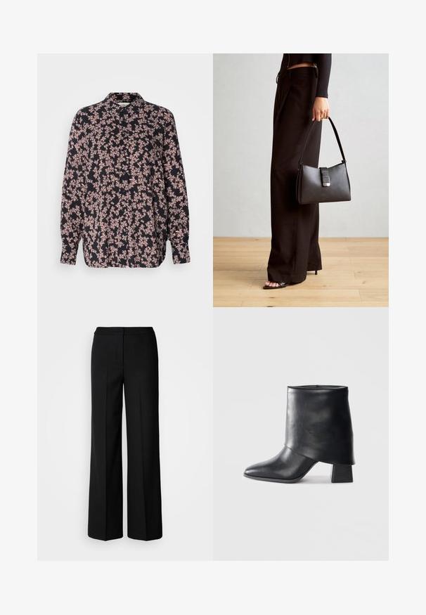 Long-sleeve shirt with a black base featuring a floral pattern in pink. Button-down front, relaxed fit, and soft fabric texture.; Black wide-leg trousers with a smooth fabric, featuring a high waist, tailored seams, and a minimalist design. No visible hardware or pockets.; Black leather ankle boot with a pointed toe, smooth texture, and a structured block heel. Features a high, folded cuff design.; Black handbag with structured shape, smooth texture, and a metallic clasp. Paired with wide black pants and open-toe sandals on wooden floor.