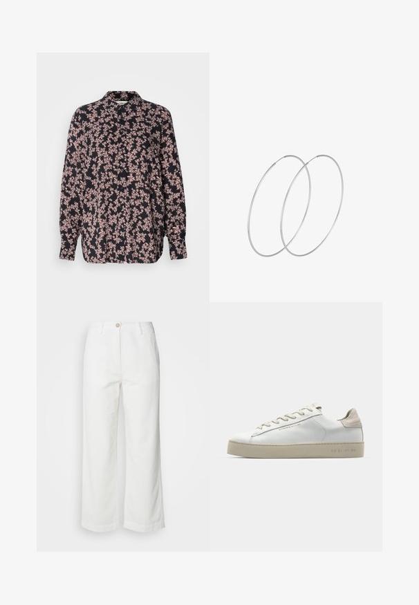 Long-sleeve shirt with a black base featuring a floral pattern in pink. Button-down front, relaxed fit, and soft fabric texture.; White wide-leg trousers made of textured fabric, featuring a front button closure and two side pockets, with a clean, simple design.; White leather sneaker with a smooth finish, beige suede accents, round toe, flat lace-up design, and a textured rubber sole.; Silver hoop earrings with a minimalist design. Circular shape, smooth texture, and thin profile. Lightweight with a polished finish.