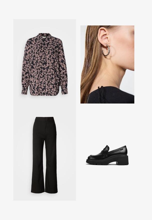 Long-sleeve shirt with a black base featuring a floral pattern in pink. Button-down front, relaxed fit, and soft fabric texture.; Black wide-leg trousers with a smooth texture, high waist, and a clean design. No visible pockets or embellishments.; Black leather chunky-heeled loafer with thick sole and a strap detail across the top, shown from the side on a white background.; Silver hoop earring with a polished finish, featuring small gold accent details and a round shape, worn on the lobe.