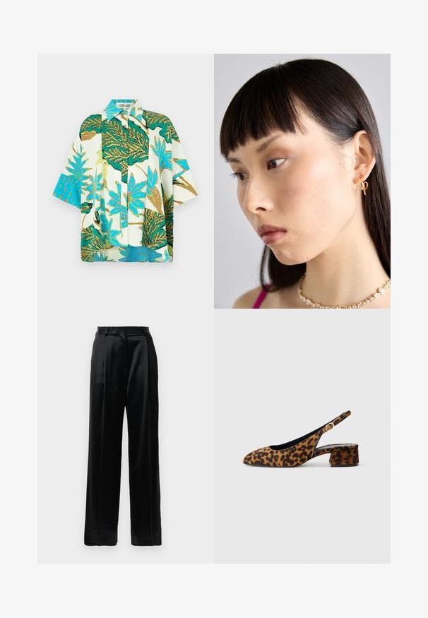 Lyhythihainen kukkapaidan, jossa on elävä vihreä, sininen ja valkoinen lehtikuosi, napit edessä ja rento leikkaus.; Mustat korkeavyötäröiset satiinihousut, joissa on suorat leveät lahkeet, vyölenkit ja litteä etulukko vaalean valkoista taustaa vasten.; Naisten leopardikuvioiset slingback-kengät matalalla paksupohjalla ja kultaisella soljella sivunauhoissa, esitetty sivuprofiilissa yksinkertaisella taustalla.; Kulta rengas korvakoru, joka on paikallaan oikeassa korvassa, ja siinä on avoin muotoilu. Mallilla on suora, tumma hius ja vähäinen meikki.