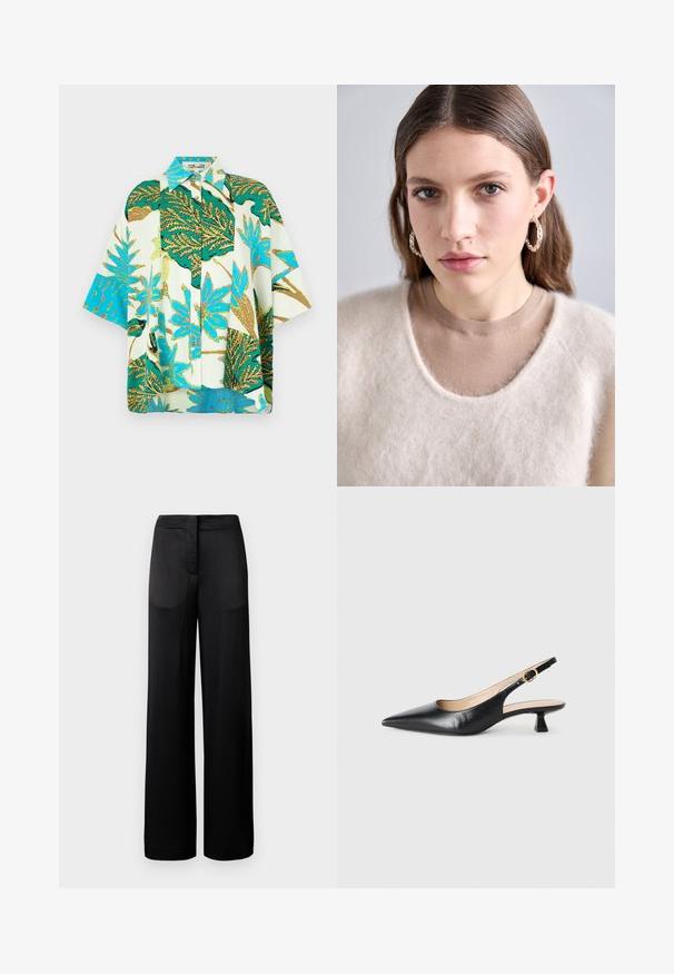 Lühikeste varrukatega lilleline särk, milles on erksad rohelised, sinised ja valged lehemustrid, nööbiga ees ja mugava lõikega.; Laiad mustad püksid tekstureeritud pinnaga, millel on lame vöökoht ja kaks kül pocketit. Kangas näib kergena ja voolavana.; Must musta slingback kitten heel king must ja kuldne pandla külgrihmaga, valge tausta peal.; Heled bež kampsun, millel on karvane tekstuur ja lai kaelus, kantud sobiva pruuni särk üle. Model kannab hõbedasi rõngaskõrvarõngaid.