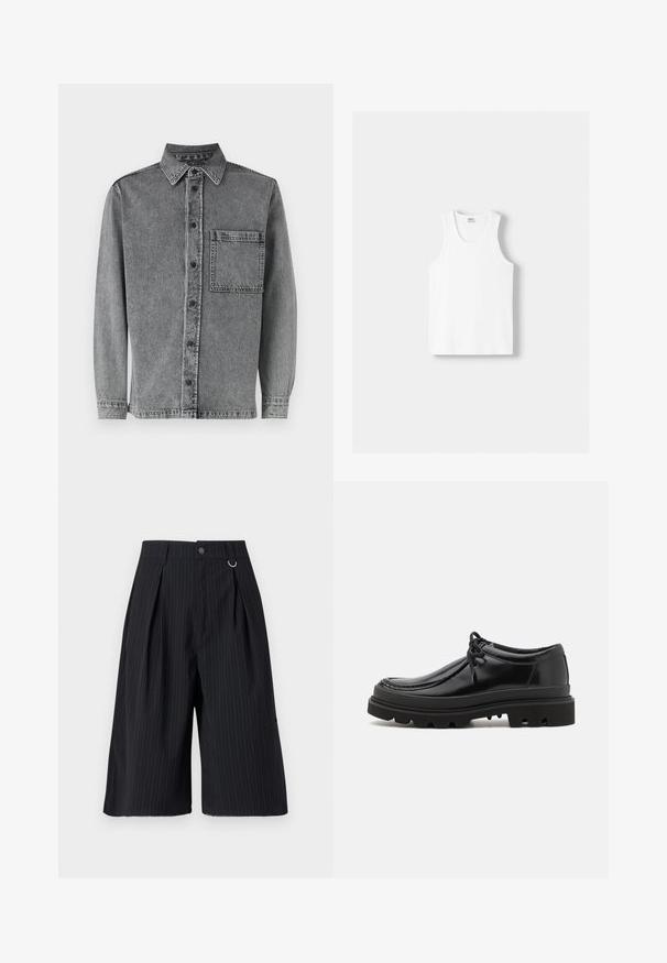 Harmaa farkkupaita, jossa on nappikaulus, etutasku, pitkät hihat ja klassinen malli, jossa on hienovaraista kulumista rakenteen luomiseksi.; Valkoinen puuvillainen hihaton paita, jossa on pyöreä kaula-aukko, leveät olkaimet ja suora helma. Paidan tekstuuri on sileä, eikä siinä ole näkyviä kuvioita.; Mustat pinstripe-shortsit, joissa on plektit, nappikiinnitys ja metallirenkaalla varustettu yksityiskohta. Sujuva kangas, jossa on muotoiltu istuvuus ja polven pituisen muotoilu.; Mustat nahkakengät Derby-tyyliin, jossa on tyylikäs muotoilu, pyöreä kärki ja teksturoitu kumipohja, jossa on syviä uria pidon parantamiseksi.